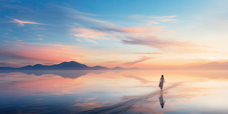 someone walking in the lake at the sunsetの素材