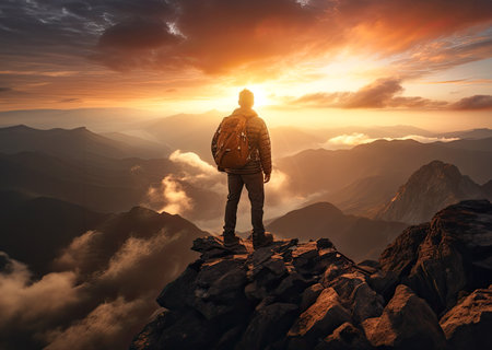 men on top of a mountain at the sunriseの素材