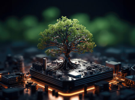 The chip on a motherboard grows a green tree, which is a concept of science and technology and environmental protection.の素材