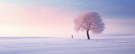 One people near the lonely poplar tree on the snowfieldの素材