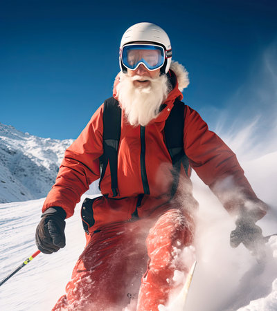 Santa clause is skiing with skiing glasses and headsetの素材