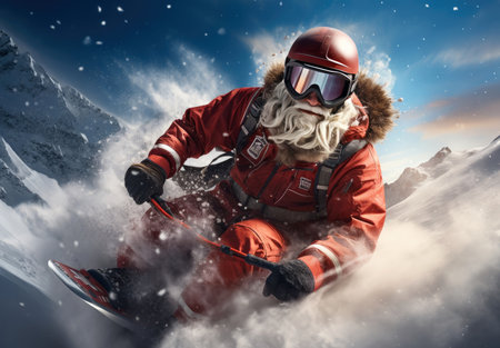 Santa clause is skiing with skiing glasses and headsetの素材