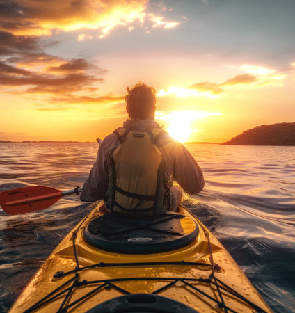 man is paddling a kayak in the water at sunsetの素材