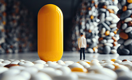 man in white shirt standing next to a yellow pillの素材