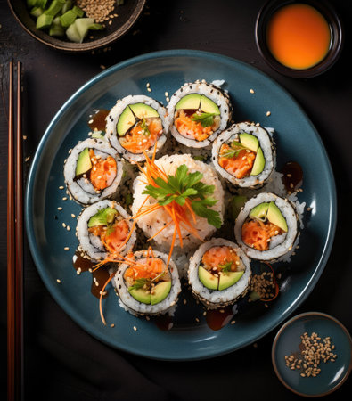 A plate of sushi and some toppingsの素材