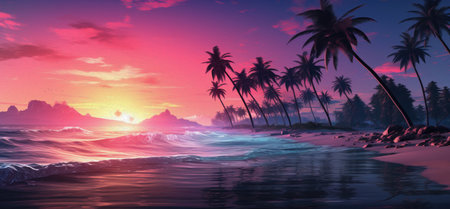 Some palm trees and islets on the beach in the sunsetの素材