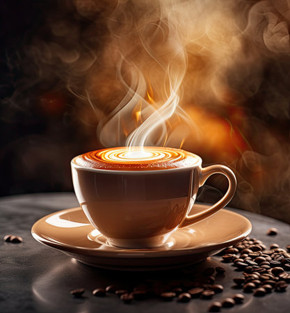 coffee drink latte, cup of coffee cup with smoke on table background stock photo.の素材