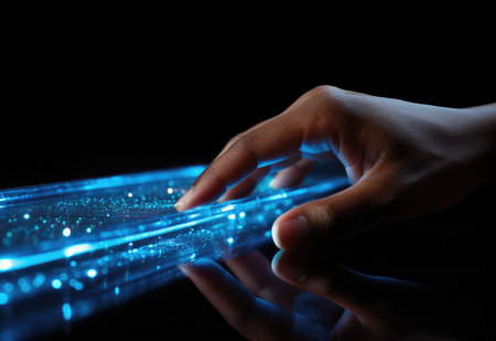 Hand holding a glowing, high-tech thing, science technology concept.の素材