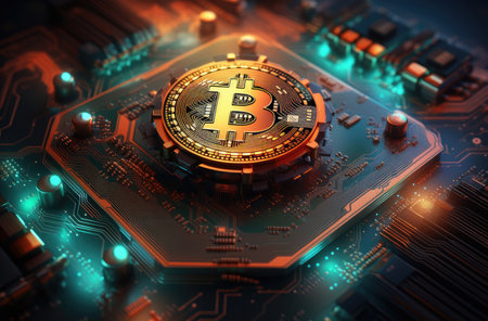 bitcoin on a circuit board on dark backgroundの素材