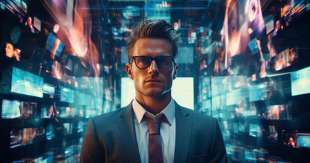 Business man with glasses in front of multi channel screensの素材