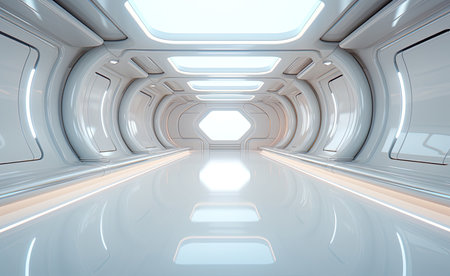 3d white, futuristic space tunnel room.の素材