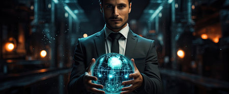 Man held up a glowing earth globe.の素材