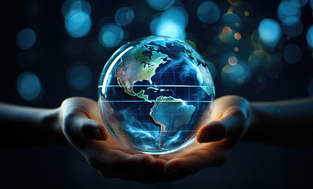 Man held up a glowing earth globe.の素材