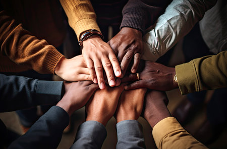 Some people holding their hands together, socially engaged work, business unity and cooperation conceptの素材