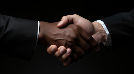 Two businessmen shaking hands in dark background.の素材