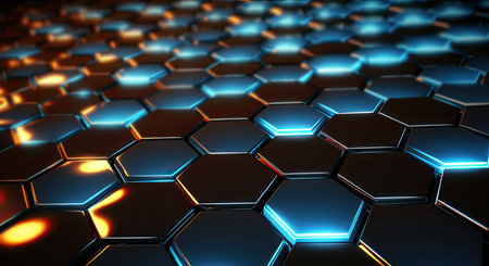 Dark hexagonal background with light from behind it, data connecting conceptの素材