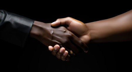 Two men shaking hands in dark background.の素材
