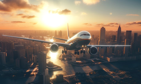 jet plane flying by over city buildings in the sunrise.の素材