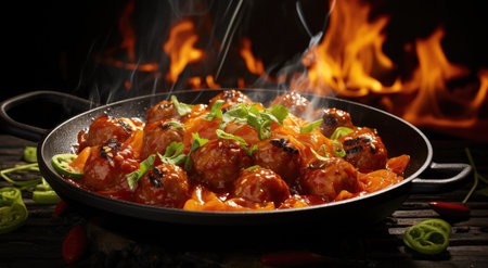 Delicious, steaming meatballs in a bowl.の素材