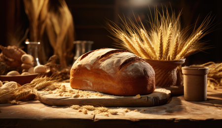 Bread and wheat on the table. food concept.の素材