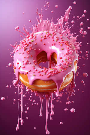 3d glazed donut with colorful sprinkles falling off of pink backgroundの素材