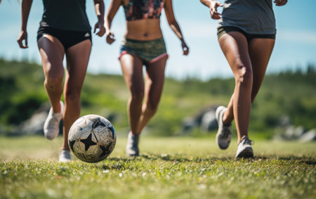 Young females kicking soccer balls on a green field.の素材