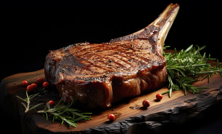 Grilled Tomahawk steak with juice and seasoning, black background,の素材