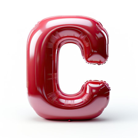 3D letter C made of round and shinny inflatable red ballon on white background.の素材