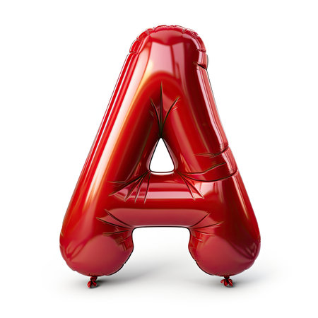 3D letter A made of round and shinny inflatable red ballon on white background.の素材