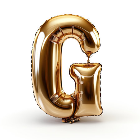3D letter G made of round and shinny inflatable golden ballon on white background.の素材