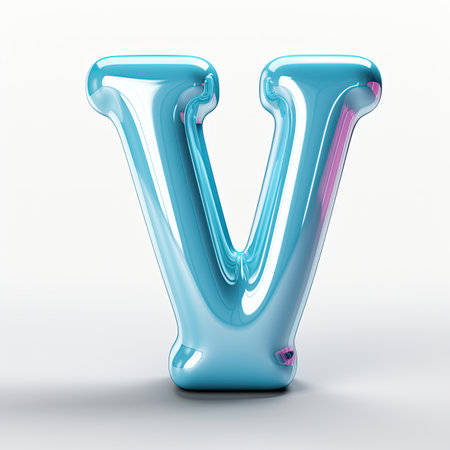 3D letter V made of round and shinny inflatable blue ballon on white background.の素材