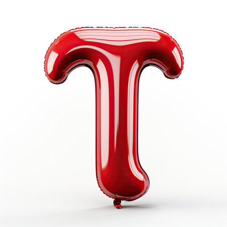 3D letter T made of round and shinny inflatable red ballon on white background.の素材