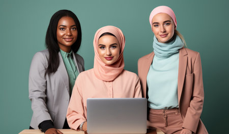 Three Muslim people smiling to the the camera in the front computerの素材