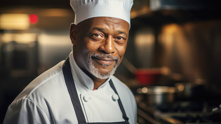 Old African American chef wearing white chef uniform and apron in kitchen, smiling at cameraの素材