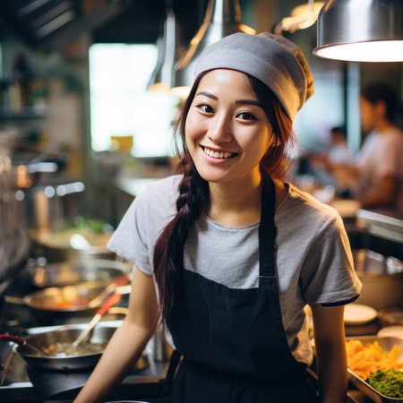 Young beautiful female chef wearing white chef uniform and apron in kitchen, smiling at cameraの素材