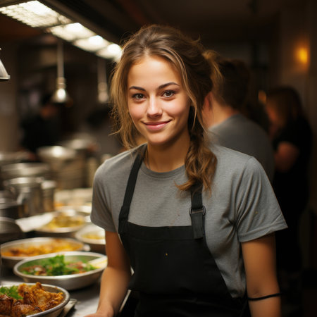 Young beautiful female chef wearing apron in kitchen, smiling at cameraの素材