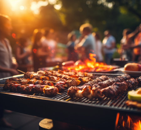 the grilling of some tasty food with people in the backgroundの素材
