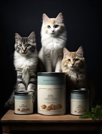 pet food with cats in dark backgroundの素材