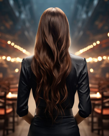 The back of woman with long black wave hairの素材
