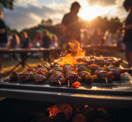 the grilling of some tasty food with people in the backgroundの素材