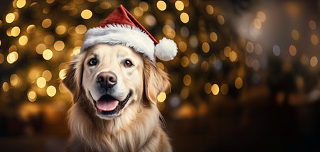 Dog with a Santa hat on the Christmas backgroundの素材