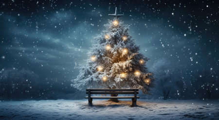 Christmas tree sits in the park with snow and long chair at nightの素材