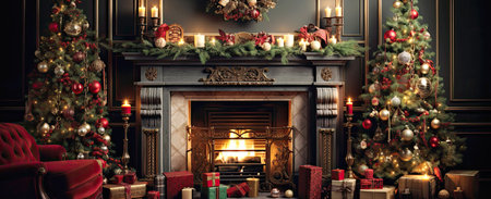 decorations around the Christmas tree by a fire place at homeの素材