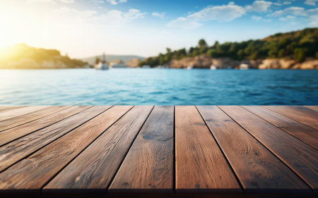 wooden deck with blue water in the backgroundの素材