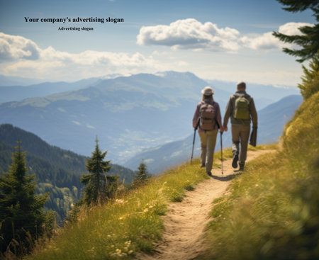 A pair of old people are hiking, and there is a magnificent scenery ahead.の素材
