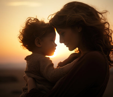 Under the sunset, the mother held the child in her arms.の素材
