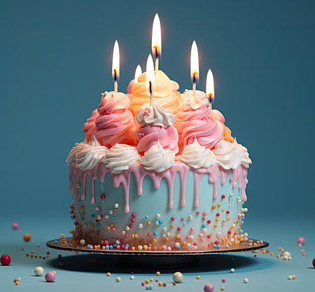 The cake with birthday candles on it looks very delicious.の素材