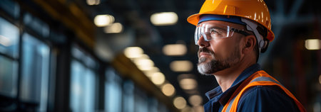 Worker wearing helmet, orange safety vest in the construction siteの素材