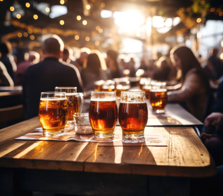 There are several beer glasses on the wooden table, vague crowd in the background.の素材