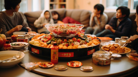 Happy families with snack at home in Chinese lunar New Yearの素材